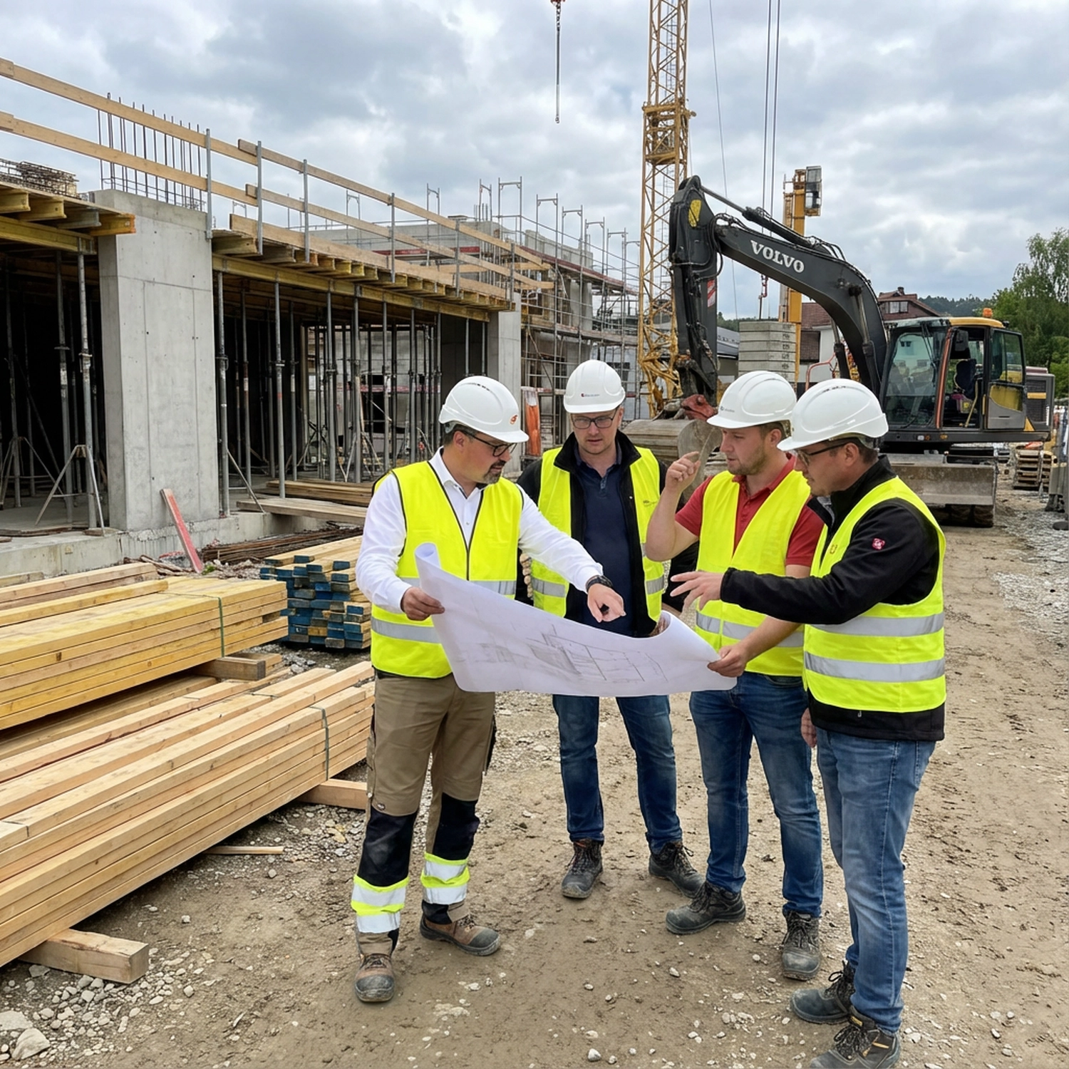 GP ORGAPLAN – Organisationsplanung und Strukturlösungen – Dieses Bild zeigt ein Team von Ingenieuren oder Architekten, die Baupläne auf einer Baustelle prüfen. Im Hintergrund sind schwere Maschinen zu sehen.