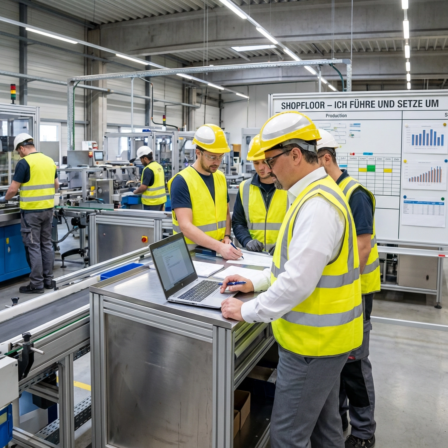 GP ORGAPLAN – Organisationsplanung und Strukturlösungen – Diese Szene zeigt eine moderne industrielle Produktionsumgebung mit Fokus auf Prozessmanagement und Sicherheitsprotokolle.