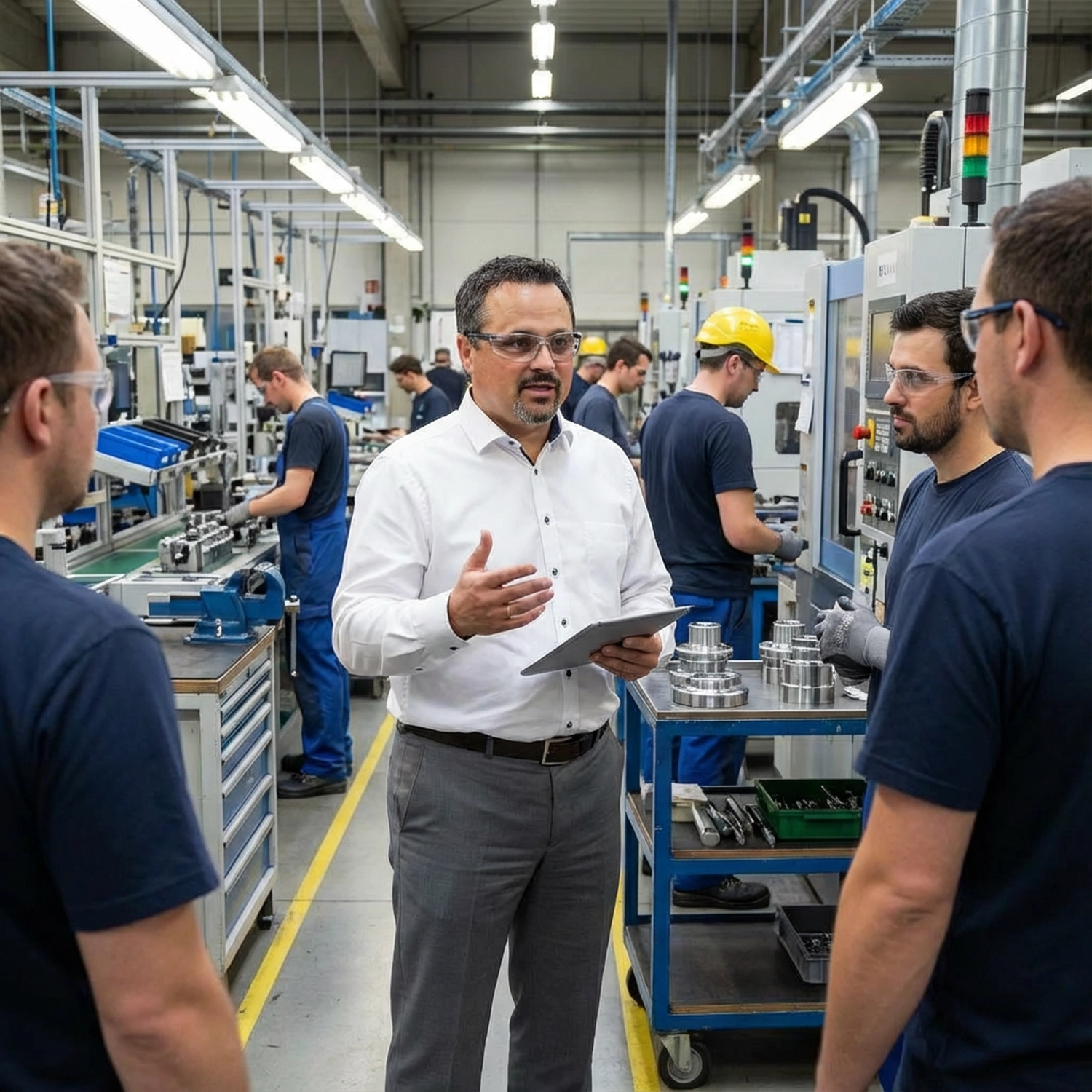GP ORGAPLAN – Organisationsplanung und Strukturlösungen – Dieses Bild zeigt offenbar eine Schulungs- oder Überwachungsszene in einer modernen Industrieanlage, insbesondere eine Montagelinie mit automatisierten Maschinen.