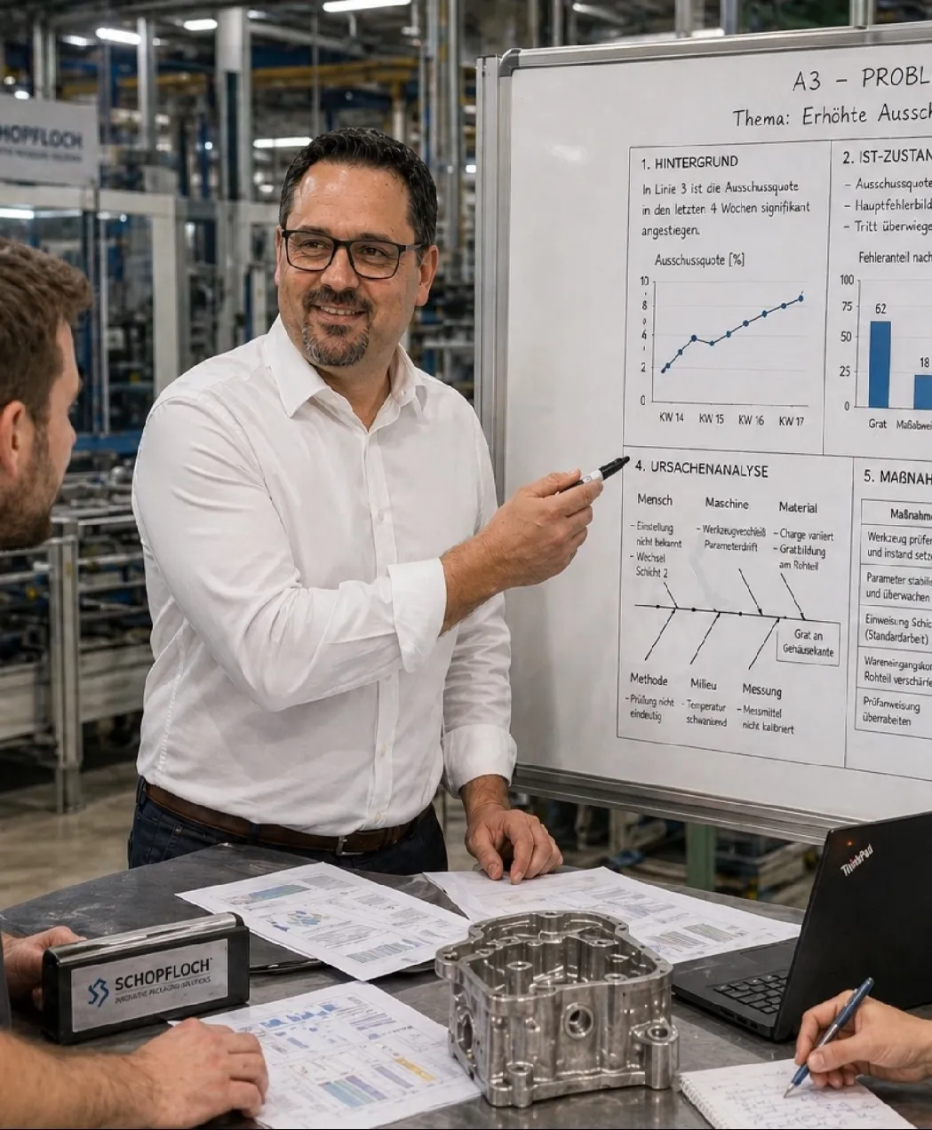 GP ORGAPLAN – Organisationsplanung und Strukturlösungen – Diese Szene zeigt eine moderne industrielle Produktionsumgebung mit Fokus auf Prozessmanagement und Sicherheitsprotokolle.
